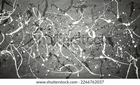 Abstract gray vignetted background with chaotically arranged spots and jets of white paint