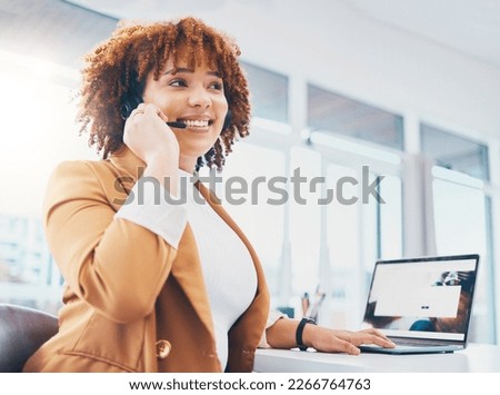 Call center, laptop and woman with microphone and smile for customer support, sale or crm. Black person consultant, receptionist or agent in telecom service, contact us or help desk for communication
