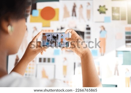 Woman hand taking picture of fashion designer moodboard, creative inspiration and planning a social media post. Artist or digital influencer photography, smartphone screen and clothes blog aesthetic Royalty-Free Stock Photo #2266765865