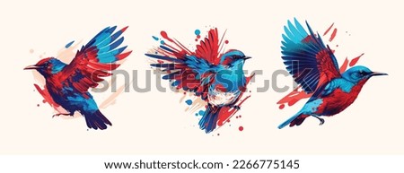 Birds colorful design. element decoration for posters and wall art, bird banner design stylish creative background music covers. red and blue colors modern art. bird wildlife in denamic pose vector 