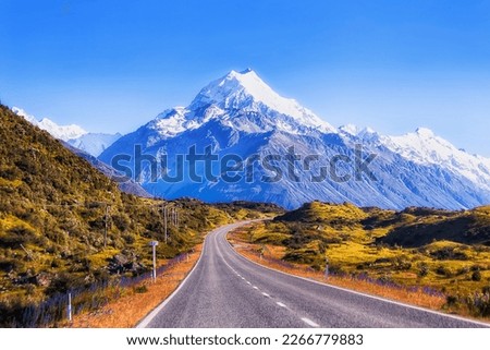 Snowcapped Mt Cook Aoraki rocky peak in high mountains of New Zealand from Highway 80. Royalty-Free Stock Photo #2266779883