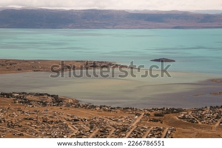 Panoramic view of the city of El Calafate and Lake Argentino. Top view