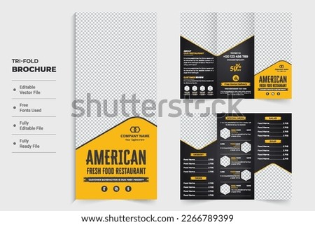 Culinary food menu tri fold brochure design with yellow and dark colors. Restaurant advertisement promotional template vector with food menu list. Food menu brochure and leaflet design for marketing. Royalty-Free Stock Photo #2266789399