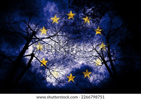 Double exposure of eerie EU flag. Basemap or background use. Double exposure creative hologram.
