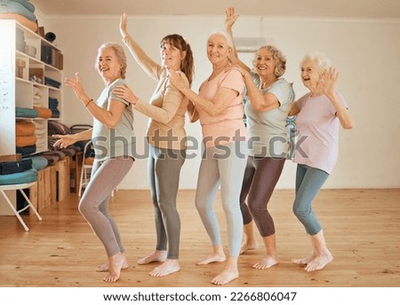 Elderly, yoga and portrait of friends row dance together on class break for cheerful fun. Retirement, wellness and senior friendship in yoga class with happy, healthy and fitness women.