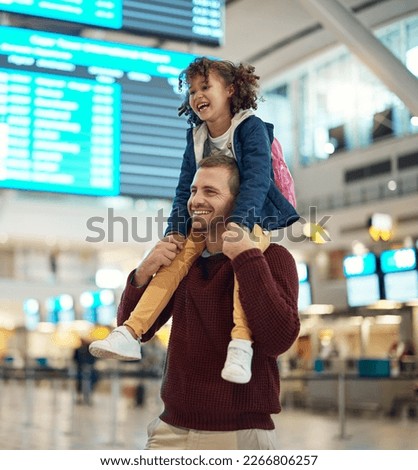 Father, travel and piggyback girl at airport, laughing at comic joke and having fun together. Immigration flight, adoption care and happy man carrying foster kid or child at airline, bonding or smile Royalty-Free Stock Photo #2266806257