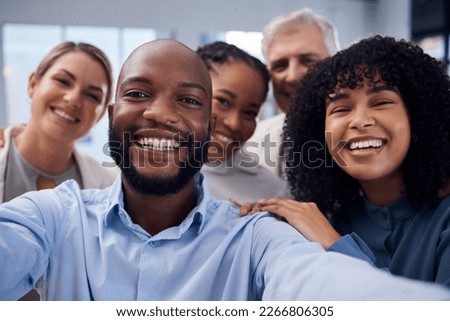 Happy, selfie and friends with business people in office for community, support and diversity. Smile, corporate and social media with picture of group of employee for teamwork, partnership or connect