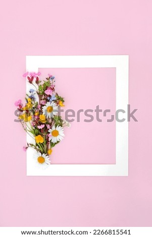 European wildflower posy abstract border on pink background. Minimal abstract frame, beautiful Spring nature composition for Mothers Day, Easter, birthday. Copy space.