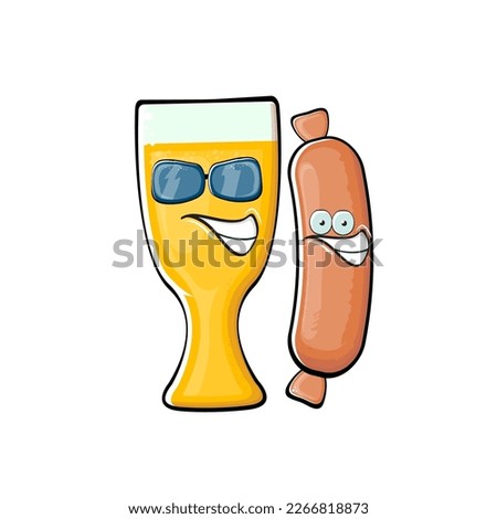 Cartoon sausage and beer characters isolated on white background. Funky meat sausage and beer glass character with eyes and mouth. Sausage and beer label and sticker