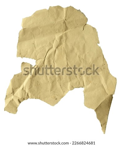 Old torn crumpled piece of beige paper isolated on white background.