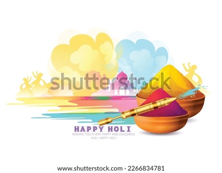 Holi Festival celebration. Colorful background People playing with Gulal, pichkari, traditional pot 