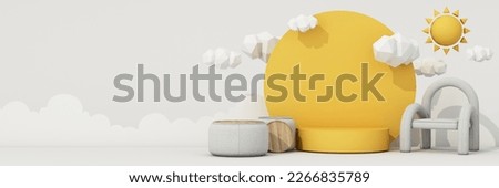 interior design concept Sale of home decorations and furniture During promotions and discounts, it is surrounded by sun and cloud armchairs and advertising spaces banner. pastel background. 3d render