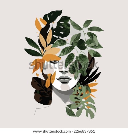 Botanical Wall Art Boho Print. Vector Minimal Floral. Foliage Line Art Drawing with Woman Face. Abstract Plant Design for Poster, Print, Cover. Modern Trendy Illustration. Aesthetic mid century