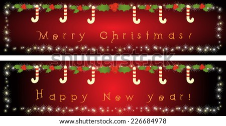 Set of red banners with candy canes, sparkles and Holly for Christmas and New year
