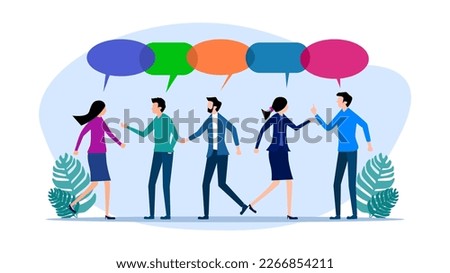 Conversation or brainstorming for ideas. Work meeting. Debating or team communication. Colleagues in business team discussing work in meeting with speech bubbles