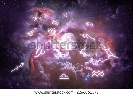 colorful astrological concept with zodiac signs and the moon Elements of this image furnished by NASA
