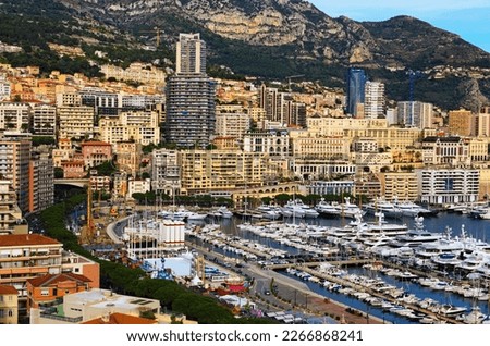 Astonishing landscape view of La Condamine ward and Port Hercules in Monaco. Port Hercules is the only deep-water port in Monaco. Famous touristic place and travel destination in Europe.