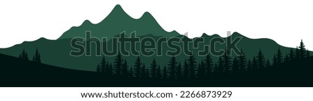 Green silhouette of mountains and forest fir spruce trees camping landscape panorama illustration icon vector for logo, isolated on white background.	
