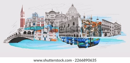 Contemporary artwork. Creative design in retro style. Black and white image if beautiful buildings in Venice. Vintage town. Concept of creativity, surrealism, imagination, futuristic landscape. Poster