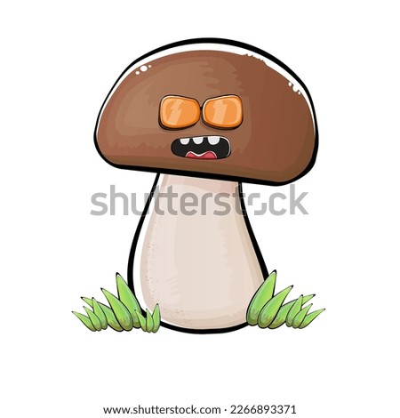 Cartoon mushroom characters isolated on white background. Funky boletus character with eyes and mouth. Vector white mushroom with brown cap clip art, emoji, label and sticker
