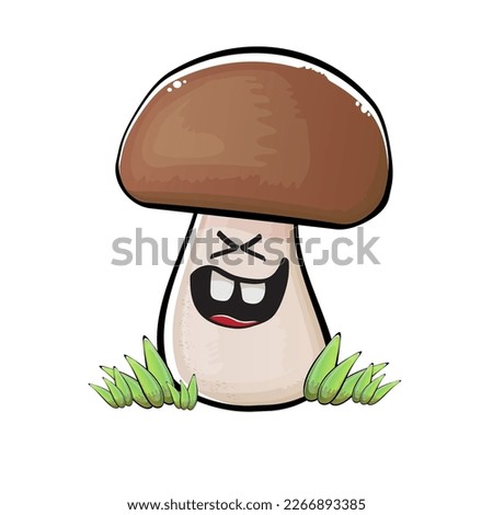 Cartoon mushroom characters isolated on white background. Funky boletus character with eyes and mouth. Vector white mushroom with brown cap clip art, emoji, label and sticker