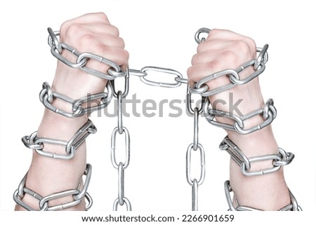 Two Hands in chain shackles on white background isolated 