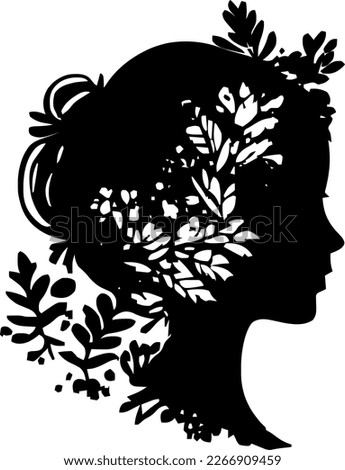 Head young woman with Floral hair outline only, silhouette, girl, woman, hairstyle, vector