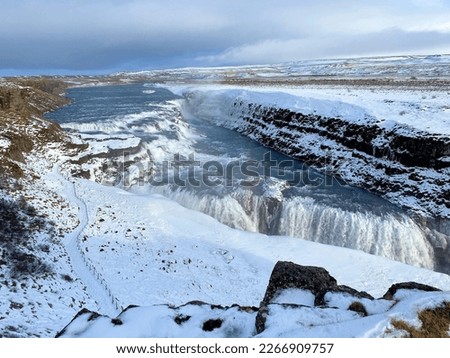 A view of Gulfoss Waterfall in the snow
