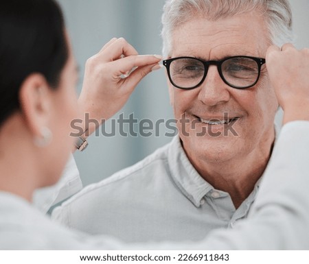 Glasses check, senior vision and elderly man at a consulting optometry clinic for wellness. Happy, smile and old face with lens, frame and eyewear choice in a store for help getting a prescription Royalty-Free Stock Photo #2266911843