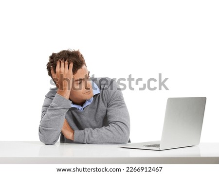 Computer work, business man and bored employee reading and thinking of web data. Tired, online and laptop in a isolated, white background and studio with a professional looking at job research