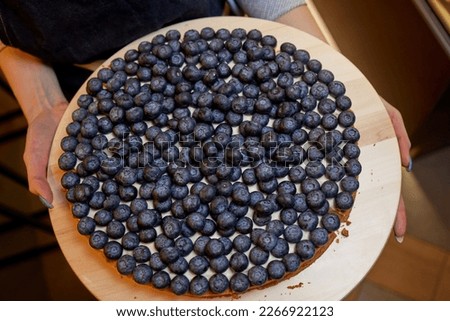 Freshly baked individual sized blueberry pie on vintage plate with fresh berries. Rustic wooden table as background. Closeup from above with natural directional lighting