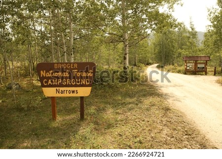 Entrance sign for Bridger-Teton National Forest The Narrows Campground in Wind River Range, Wyoming