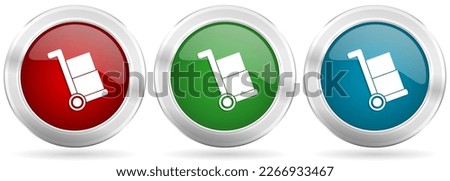 Delivery service, shipping barrow vector icon set. Red, blue and green silver metallic web buttons with chrome border