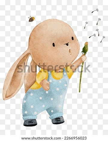 Cute Rabbit blowing dandelion flower water colour hand paint,Cartoon  Bunny,Hare character element for Easter greeting card,Spring,Summer poster,Vector portrait Animal on transparent background