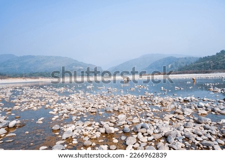 Pile of white stones on the shore of a lake with mountains in the background. ‍Sylhet, Bangladesh