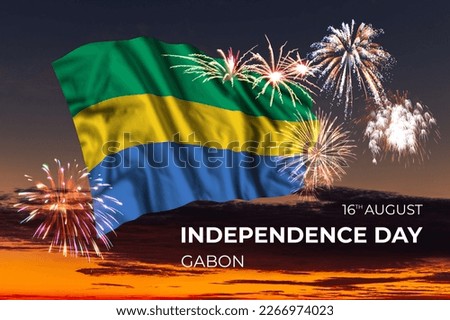 Evening sky with majestic fireworks and flag of Gabon on National holiday Royalty-Free Stock Photo #2266974023