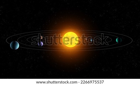 Star system model. Planets in orbit around the sun. Solar system consisting of six planets on a black background. Royalty-Free Stock Photo #2266975537