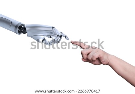 Human Hand and Robot Fingers making Contact on isolated white background with clipping path, Integration and coordination of people with Artificial Intelligence Technology concept, 3D rendering Royalty-Free Stock Photo #2266978417