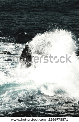 A picture of waves crashing into rocks, edited in black and white