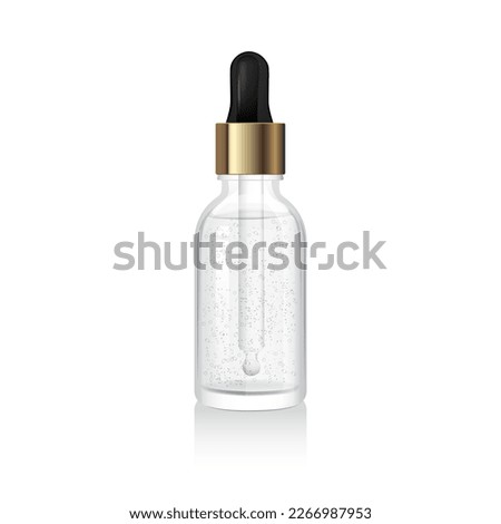 Transparent glass dropper bottle with liquid inside isolated on white background. Golden pipette. Clear glass package. Serum dispenser. 3d vector mockup template. Dropper for skincare cosmetic Royalty-Free Stock Photo #2266987953
