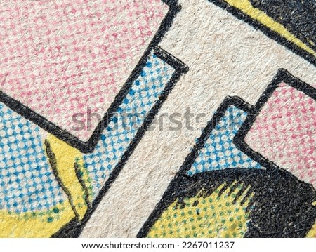 Closeup photo of a real vintage comic book panels with dot printing pattern on an old paper texture background Royalty-Free Stock Photo #2267011237
