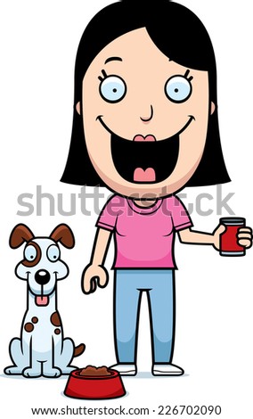 A happy cartoon woman feeding the dog.