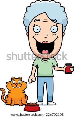 A happy cartoon woman feeding the cat.