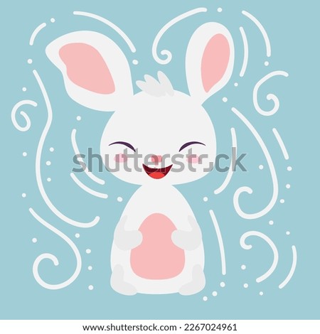 White easter rabbit. Happy Easter banner, poster, greeting card. Trendy Easter design with Easter Bunny in pastel colors on blue background. Vector illustration in modern minimal cartoon style.