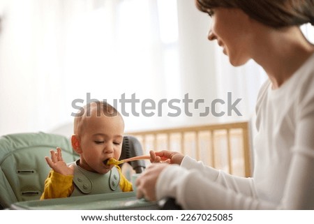 Mother spoon feeding her baby son at home