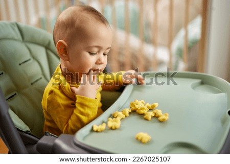 Little baby boy having his meal by himself sitting in the feeding chair at home