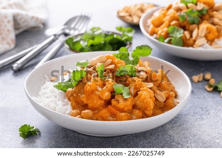 Cauliflower curry with peanuts and cilantro served over rice Royalty-Free Stock Photo #2267025749