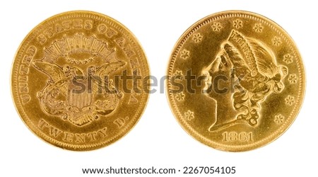 20 Twenty dollar Eagle gold coin 1861 on white background