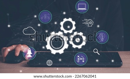 IOT internet of Things concept. Digital marketing media (search data, AI chat, social network)  Automation of innovation, boosting productivity, and repeatability in technological and business.