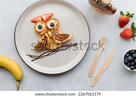 Top down view of pancakes in the shape of an owl, served with syrup and fruit.